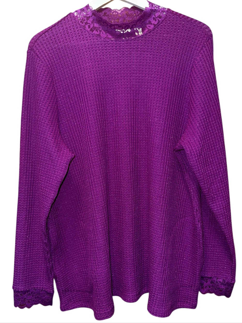 LOGO by Lori Goldstein Purple Lace-Trim Waffle Knit Top Sparkle